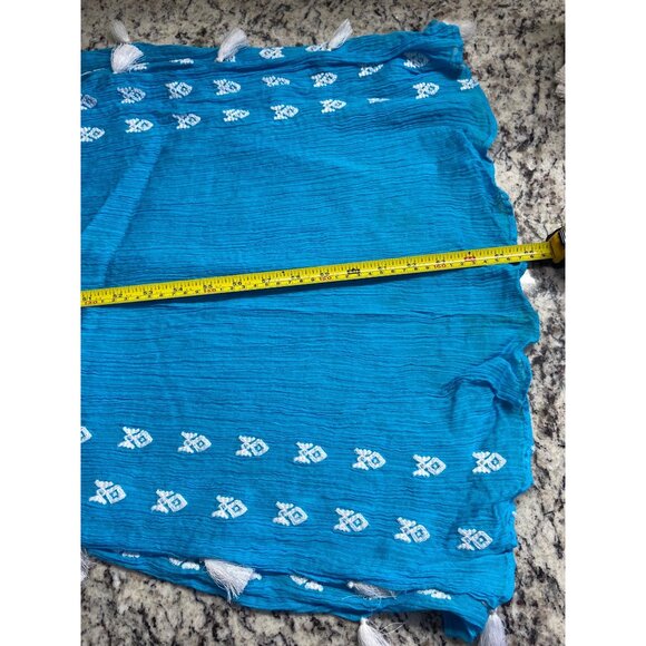 Vintage Womens Rectangle Scarf Blue White Embroidery Tassels Crinkled Boho Chic - Picture 3 of 5